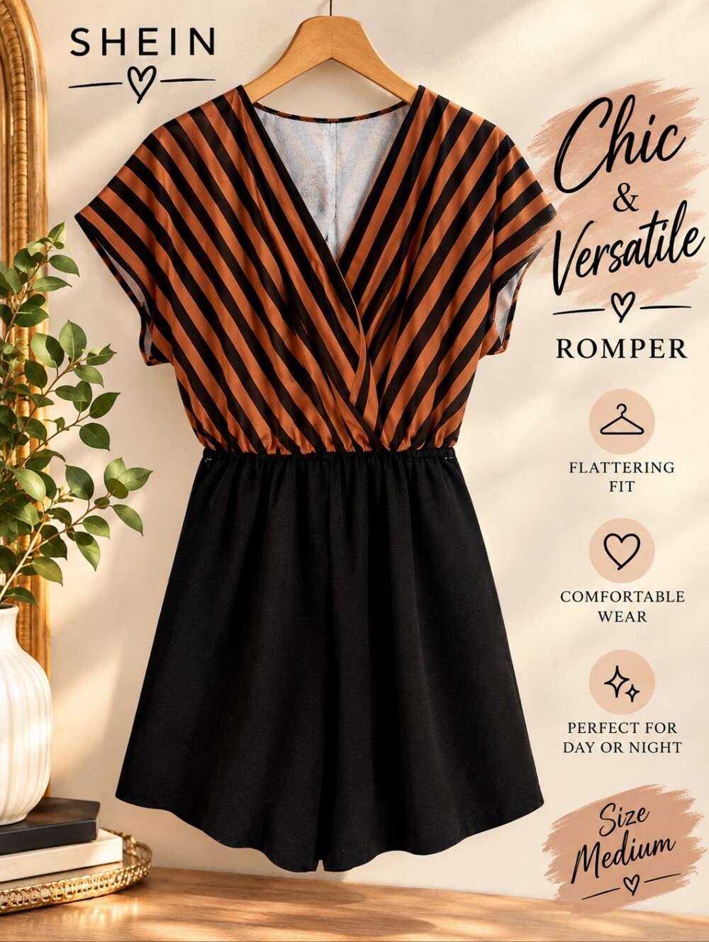 Shein One Piece Romper With Black And Brown Stripes Size Large